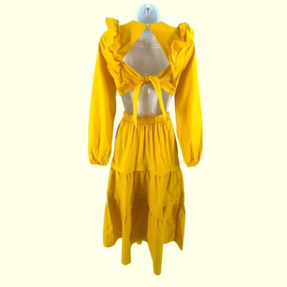 NEW Petal & Pup Mariga Long Sleeve Frill Shoulder Midi Dress in Marigold Size M - Picture 8 of 12